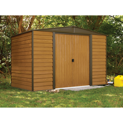 Arrow Woodridge Steel Shed In Coffee/Woodgrain