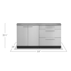 Newage Products Outdoor Kitchen Cabinets Stainless Steel 3-Piece Set With 3-Drawer Cabinet And 64" Countertop